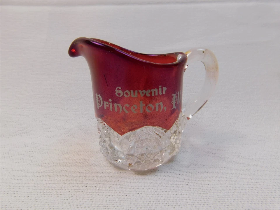 Antique Ruby Stained EAPG Glass Creamer Pitcher Souvenir Princeton, Ill. 2.5" - Image 1 of 4