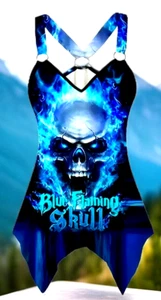 Damen blau flammender Schädel Shirt - Bild 1 von 1