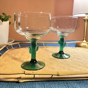 Vintage Libbey Cactus Green Stemmed Margarita Glasses- Set of 2 - Picture 1 of 5