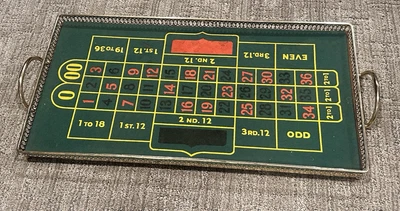 ROULETTE FELT DRINK SERVING TRAY MCM 1960S HANDLES 23" * 12" ONE OF A KIND EUC - Image 1 of 4