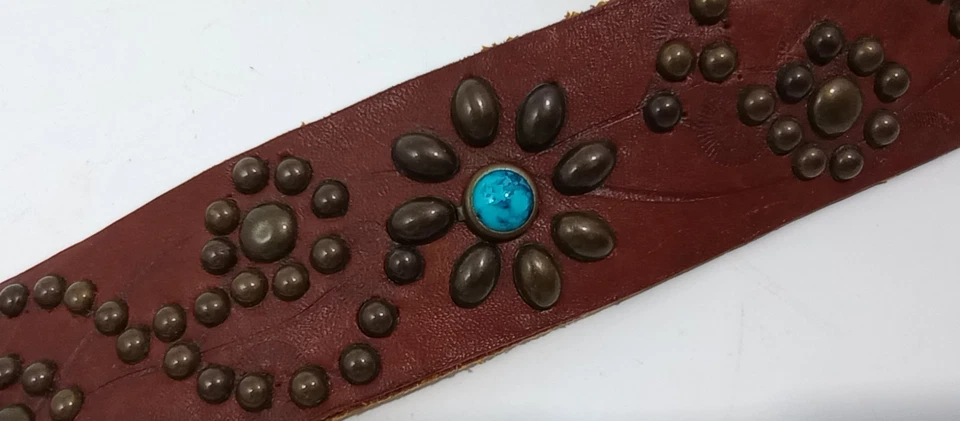 Cinturón Bohemio de Cadera Turquesa Tachonado Cuero Marrón Diseño Flor 40"- 42" Boho Foto 1 de 4