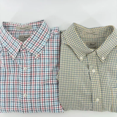 Lot 2 LL Bean Gingham Plaid Short Sleeve Button Down Shirt Size Large Trad. Fit - Image 1 of 4
