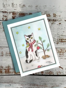 Gato blanco y negro junto al pequeño árbol de Navidad, tarjeta de Navidad, tarjeta #1000 - Imagen 1 de 2