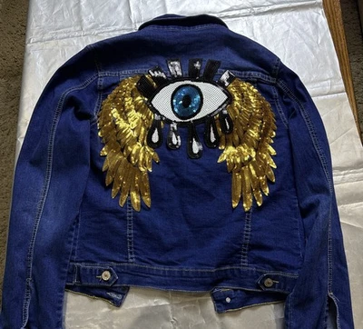 Dazzle In Denim a Trendsetting *Sparkling*Sequin Evil Eye On Presti Denim Jacket - Image 1 of 4