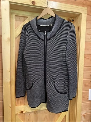 Cárdigan Suéter Chaqueta Túnica Soft Surroundings S Cremallera Completa Negro Blanco Rayas Foto 1 de 4