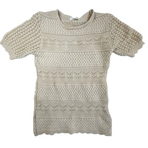 Bohme Short Sleeve Crochet Sweater Scalloped Hem Women Size Small Cream - Picture 1 of 8