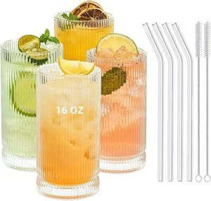 Vintage Ribbed Glassware Set 16oz XL Drinking Glasses With Straws Ribbed Glas... - Picture 1 of 8