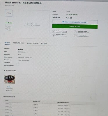 KIA SOUL 2014-2019 OEM Liftgate Tailgate Hatch-Emblem Badge Nameplate 86310B2000 - Image 1 of 4