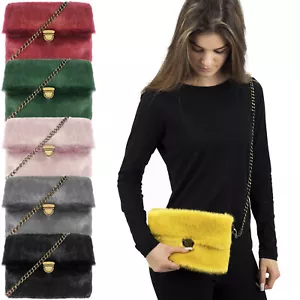 Ladies Faux Fur Over Shoulder Clutch Bag Removable Chain Strap - Picture 1 of 25