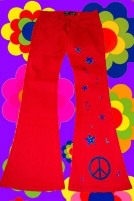 H49✪  selfmade Schlagjeans 70er Jahre Hippie Peace Zeichen Glam Holgramm Sterne  - Bild 1 von 2