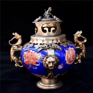 Chinese Cloisonne Enamel Bronze Gilt Dragon Head Statue incense burner Censer - Picture 1 of 5
