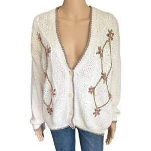 Vintage Needle & Yarn Floral Knit Cardigan 80s Chunky Knit Sweater - Size Large - Picture 1 of 5
