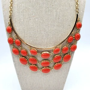 Liz Claiborne Orange Faceted Bib Necklace Statement Gold Toned Faux Stone 18" - Picture 1 of 8