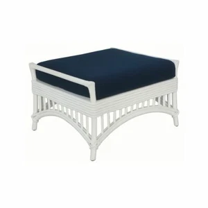 DENIZE HAMPTONS RATTAN OTTOMAN/POUF/FOOTSTOOL WITH CUSHION WHITE/NAVY - Picture 1 of 7