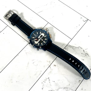 MEGALITH Genuine Leather Black Blue Military Stainless Steel Watch NEEDS BATTERY - Picture 1 of 3