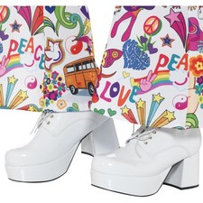 Bianco 70s Uomo Scarpe con Plateau Disco Danza Vestito Retrò Accessorio