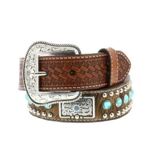 Nocona Western Boys Belt Youth Leather Calf Hair Rhinestones Brown N4419302 - Picture 1 of 1