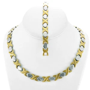Hugs & Kisses Necklace Bracelet Set Stampato Stainless Steel Two Tone 18/20'' - Picture 1 of 2