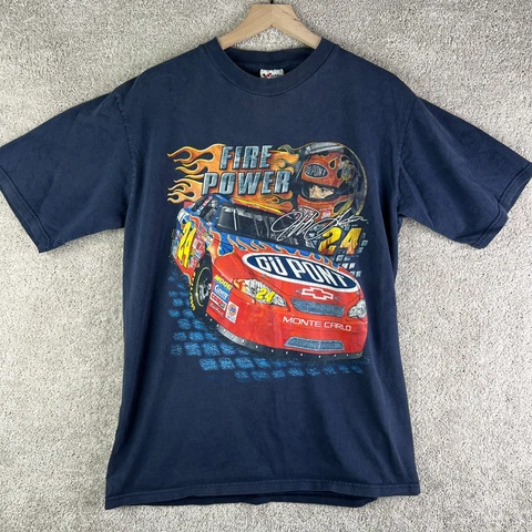 VINTAGE Nascar Shirt Mens Large Blue Graphic Jeff Gordon 90s Du Pont Car Racing Cover