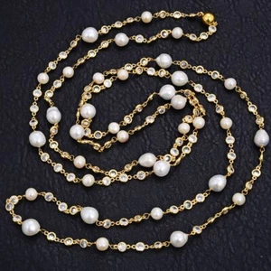 69'' Natural White Round Pearl Keshi Pearl Crystal CZ Pave Gold Chain Necklace - Picture 1 of 6