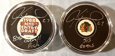 Jeremy Roenick Signed Puck (X2) "1988 NHL Draft Logo" & "Blackhawks Logo" READ - Image 1 of 4