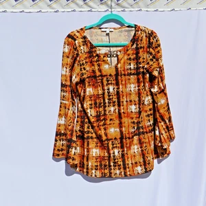 Blusa Notations Naranja Negra Abstracta Manga Larga Cuello Redondo Cerradura Talla M - Imagen 1 de 5