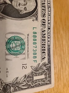 88887388. 1 $ FRN Ausgefallene 6 of a Kind 8s Seriennummer. - Bild 1 von 3