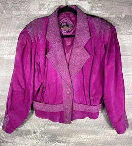 Vintage Fuscia Pink Paisley Lederjacke Gr. L 80er Funky Edgy Biker Western Boho - Bild 1 von 24