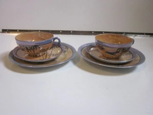 6 VINTAGE HANDBEMALTE JAPANISCHE GLANZGESCHIRR BLAUER VOGEL 2 TEETASSEN UNTERTASSEN & TELLER - Bild 1 von 4