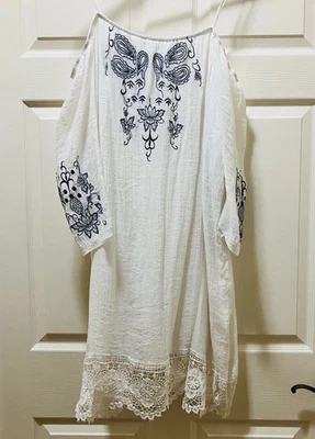 Women's Off Shoulder Boho White Navy Dress Embroidery Long Sleeve Lace 2X NWOT - Image 1 of 4