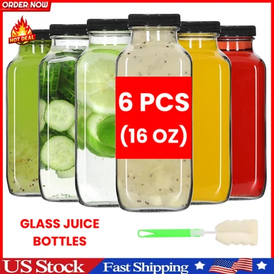 Juego de 6 frascos de vidrio transparente con tapas de 16 oz reutilizables vacíos botellas de jugo con tapas Foto 1 de 4