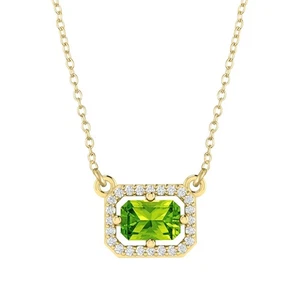 3/4Ctw Emerald Cut Natural Peridot 14k Yellow Gold Plated Halo Pendant Necklace - Picture 1 of 6