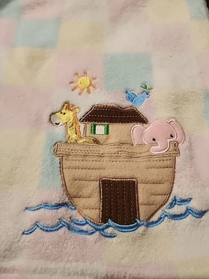 Noahs Ark Animals Baby Blanket Fleece White Yellow Teal Pink Plaid Rn31526 - Image 1 of 4