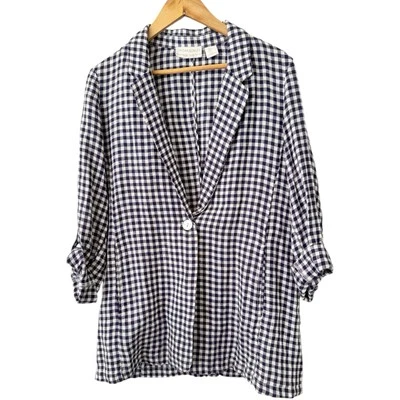Cynthia Rowley Blue Linen Gingham Plaid Oversized Blazer Medium Country Coastal - Image 1 of 4