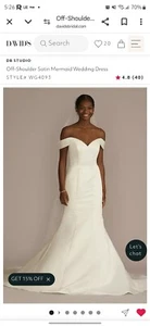 DB Studio Off-Shoulder Satin Mermaid Wedding Dress David's Bridal w/ ALTERATIONS - Picture 1 of 19