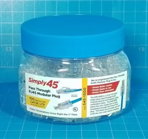 Simply45 S45-1500 Cat5E Unshielded Pass-Through RJ45 Modular Plugs 100 pc/Jar - Picture 1 of 3