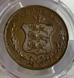 1834 GUERNSEY - 8 Doubles COPPER PCGS AU55 - Picture 1 of 3