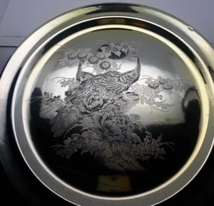 Vintage Peacock & Flowers Design Silver Plated Tray Art Nouveau Made in Japan - Picture 1 of 6