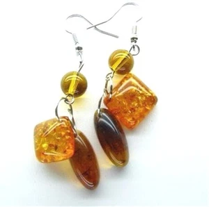 Vtg Honey Amber Earrings Simulated Orange Brown Dangle Stones Silver Plated - Picture 1 of 2