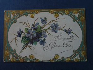 Carte Postale Ancienne Gaufrée Souvenir de Bonne Fête Violettes - Foto 1 di 2