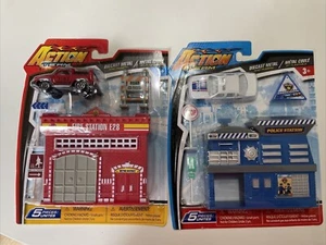 fire police car fire police station building die cast metal plastic set  - Picture 1 of 5