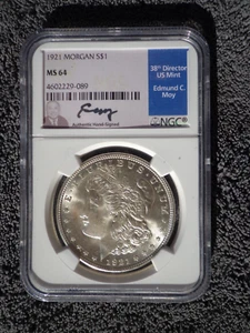 1921 NGC MS64 MORGAN SILVER DOLLAR NEAR BLAST WHITE EDMUND C. MOY Blue Label - Picture 1 of 2