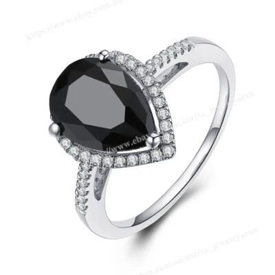 Black Spinel Pear Shape 10x7mm Ring Retro ART Sterling Silver 925 Fine Jewelry - Image 1 of 4