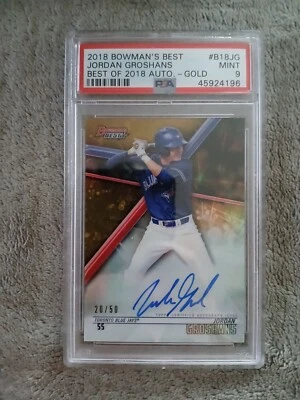 2018 Bowman’s Best Jordan Groshans Gold Auto 20/50 PSA Mint 9 Card - Image 1 of 2