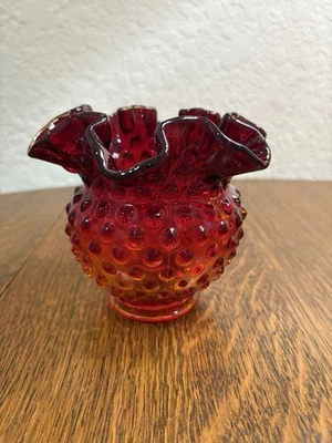 Vintage Fenton Ruby Red Hobnail Crimped Ruffled Vase 4.25” - Image 1 of 4