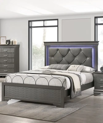 Cabecero acolchado de cuero sintético gris oscuro 1 pieza cama tamaño queen con muebles de dormitorio LED Foto 1 de 4