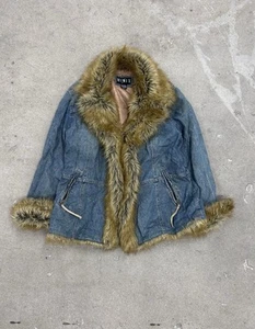 VINTAGE Y2K MIXIT DENIM FAUX FUR COAT JACKET PENNY LANE ESPIRIT SZ xl - Picture 1 of 7