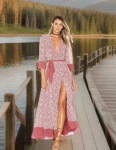 $218 NWT TULAROSA Wrap Maxi Dress XS Jolene Dusted Berry Weekend Outdoor Floral - Picture 1 of 19