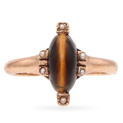 Antiguo Anillo Banda Perla Semilla Cabujón Ojo de Tigre Oro Rosa 10k Foto 1 de 4