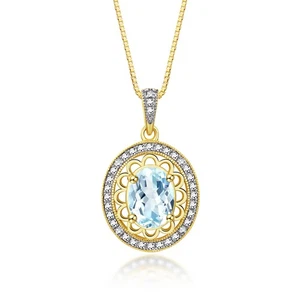 RYLOS AQUAMARIN & DIAMANT EDELSTEIN HALO ANHÄNGER HALSKETTE 18" GELBGOLD PLATTE - Bild 1 von 6